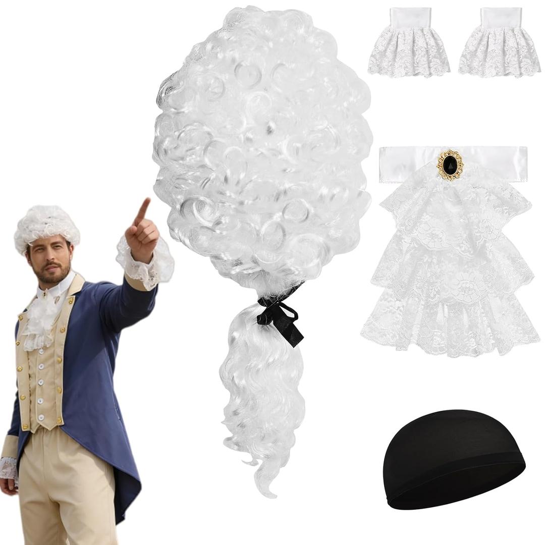 GYQMBT Colonial Style wig,Founding Fathers Costume accessories,Judge Wig Set with Lace Tie and Lace Cuffs.