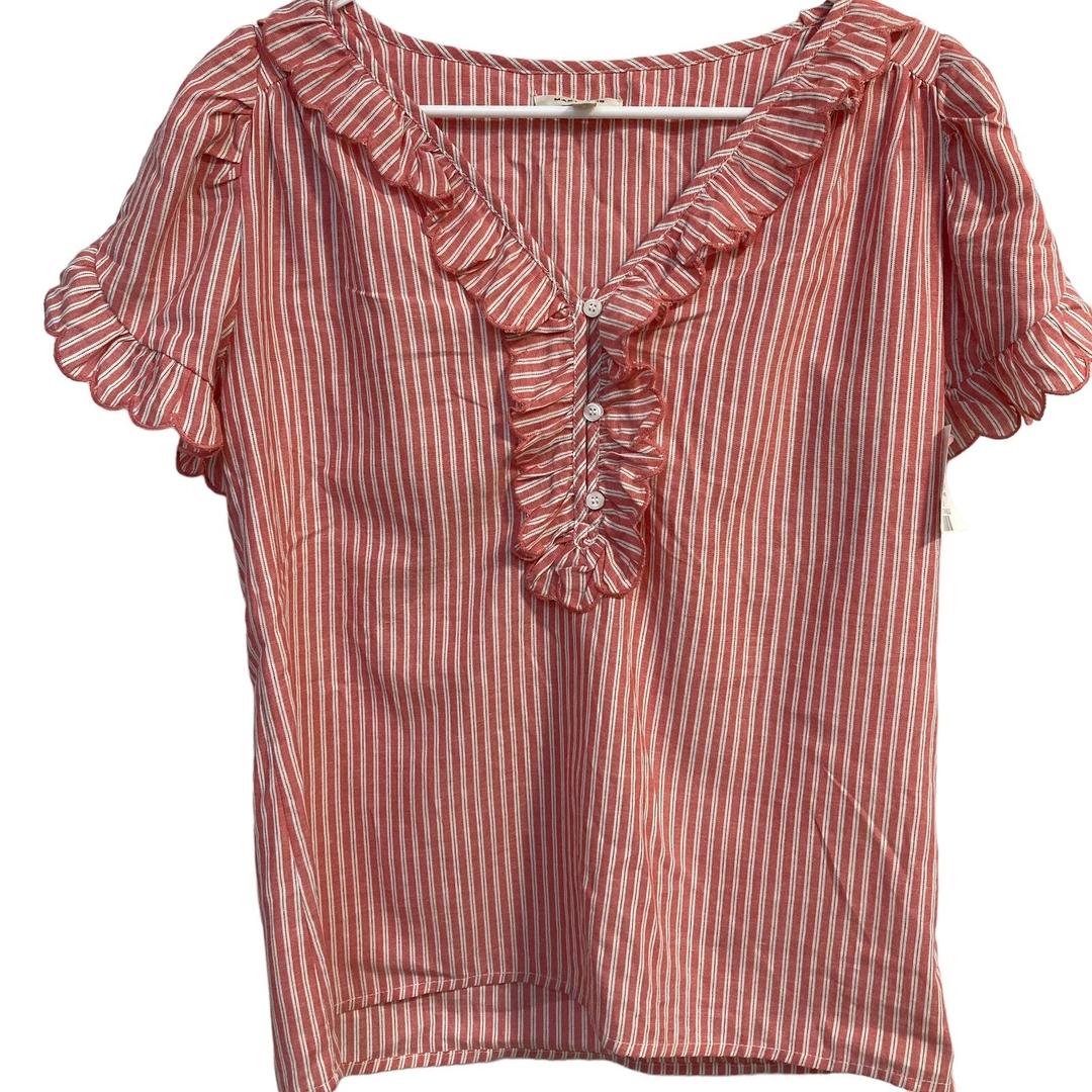 Max Studio Women's Top Ruffle Sleeve Blouse Short Sleeve Striped Cotton L
