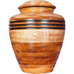 Decorative Wooden Cremation Urn with Black Accent Rings, Large Handcrafted Memorial Vase