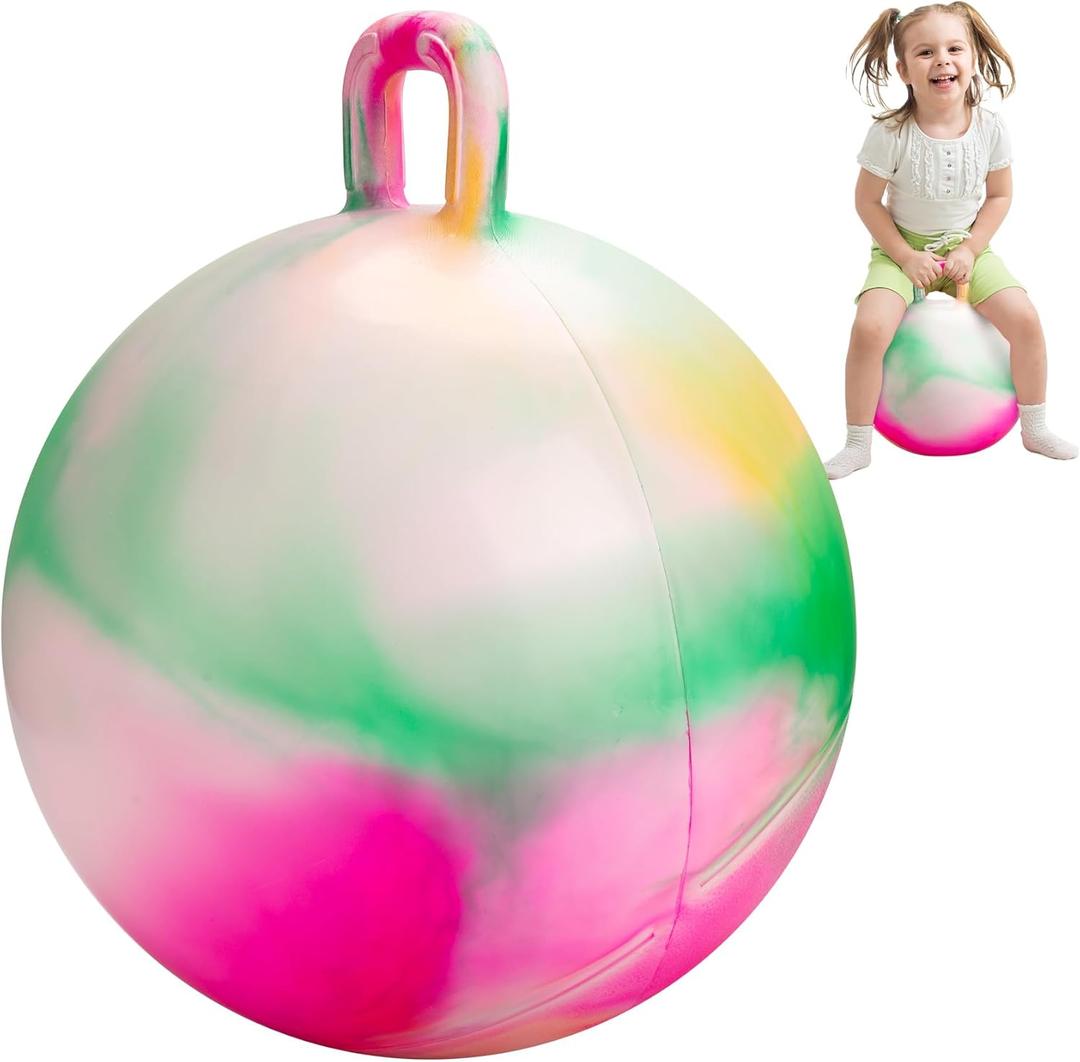 INPODAK Hopper Ball 18 Inch Bouncy Ball with Handle for Kids, Hippity Hop Jumping Bouncer Hopping Toy for Boys and Girls Ages 3-6 with Pump and Gift Box for Birthday (Green Pink)