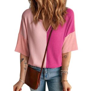 Dokotoo Womens Summer Tops Fashion 2025 Half Sleeve Fluffy Touch Waffle Knit Shirts Casual V Neck Colorblock Patchwork Blouse (XX-Large, Pink)