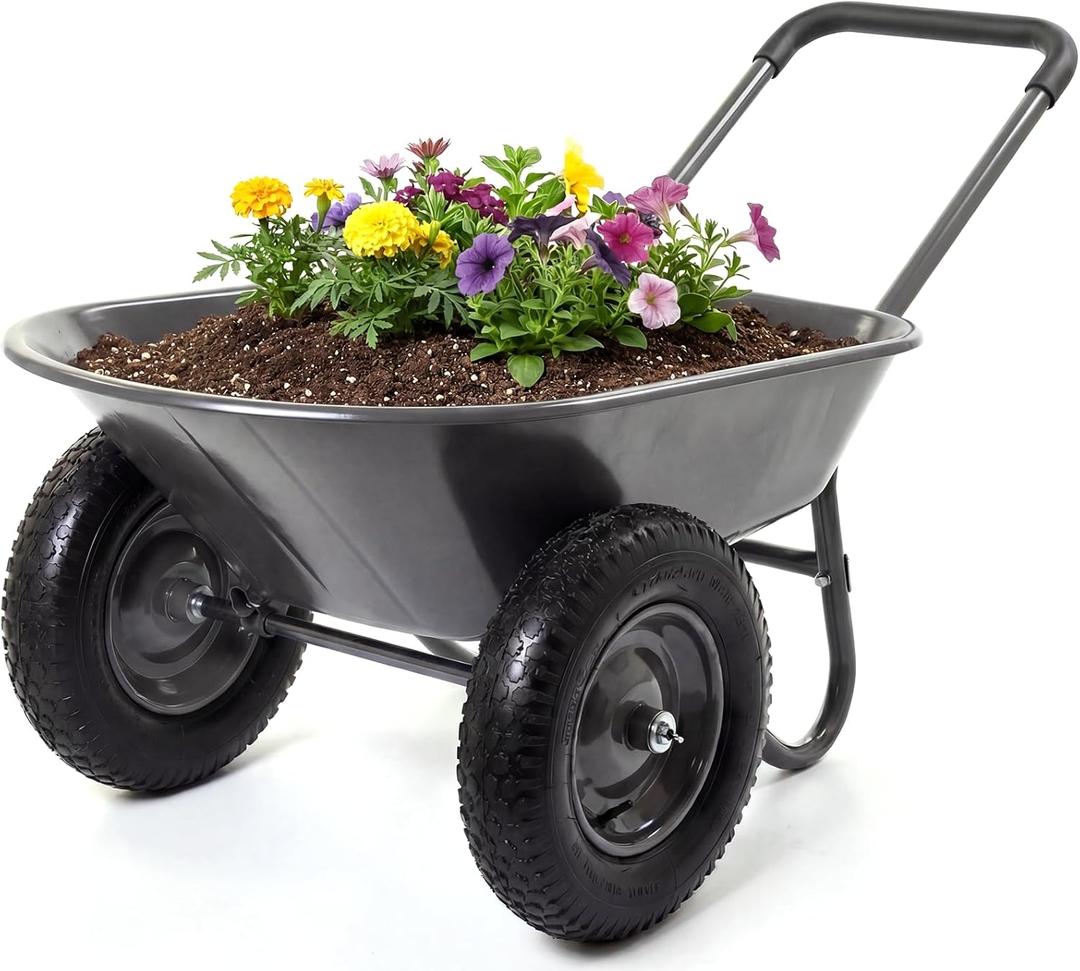 Wheelbarrow Garden Cart, Heavy Duty Home Utility, Dual-Wheel Home Garden Yard Utility Wheelbarrow Cart with Built-in Stand,(Grey)