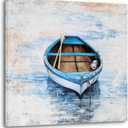 YHSKY ARTS Coastal Canvas Wall Decor Hand Painted Light Blue Sailing Boat Painting Square Pictures Modern Abstract Nautical Artwork for Living Room Bedroom Bathroom Decoration (30L" x 30W")
