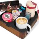 Couch Cup Holder Tray, Real Acacia Wooden Caddy with Soft Silicone, Snack and Drink Organizer- Perfect Movie Night Accessories for Bed, Remote and Cup Holders for Sofa (Black)