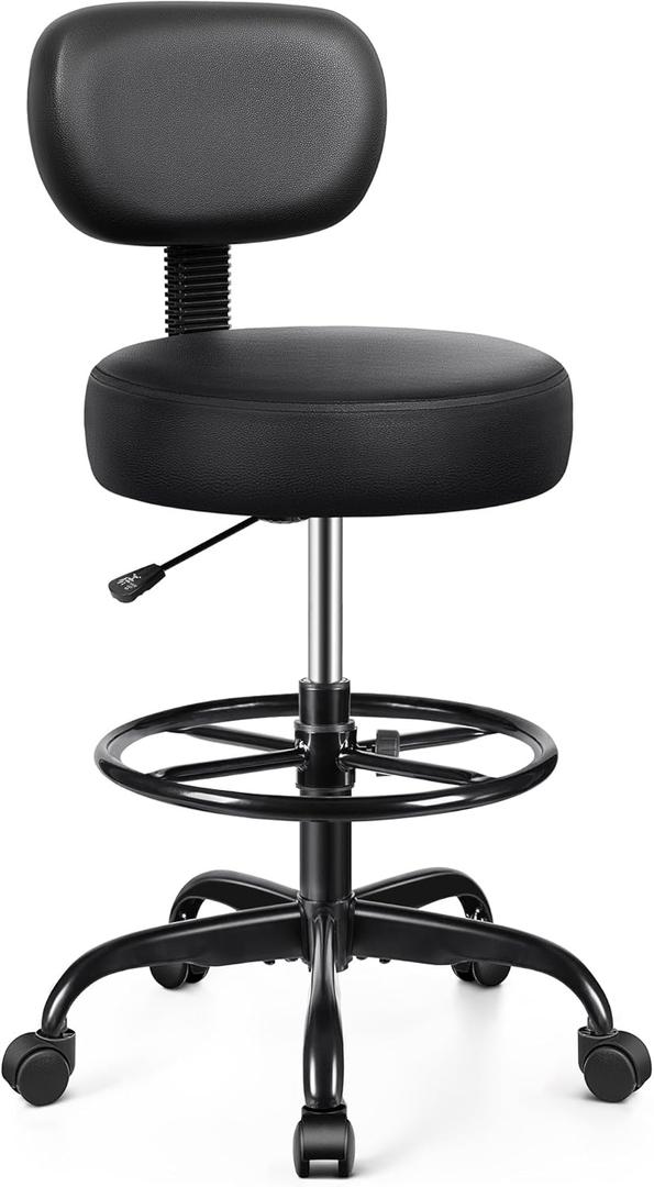 Drafting Chair with Backrest  Adjustable Foot Rest Rolling Stool with Wheels, PU Leather Swivel Stool for Office Spa Studio Lab Counter Salon Home Work Bar Kitchen Shop(Black)