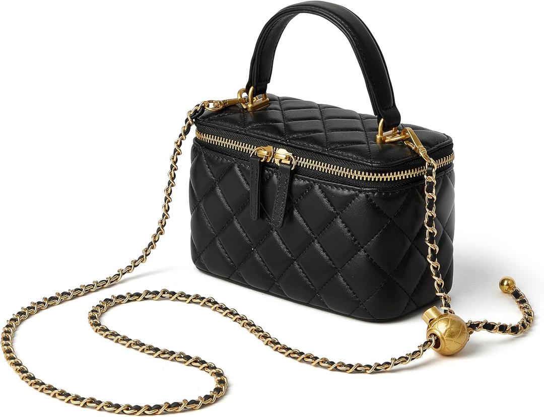 DORIS&JACKY Small Quilted Box Crossbody Purse For Women Designer Leather Mini Top Handle Pouch Bag With Metal Chain Strap (1-black)