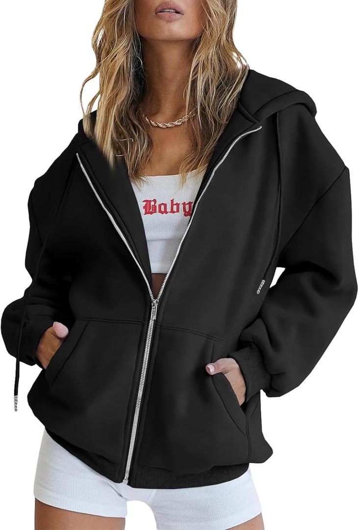 Trendy Queen Womens Zip Up Hoodies Oversized Sweatshirts Fall School Fashion Outfits Casual Jackets 2025 Winter Clothes (Medium, Black)