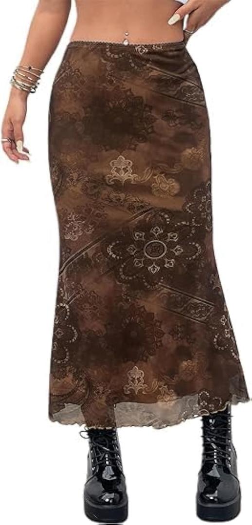 Avanova Women Boho Floral Mesh Long Skirts Elastic High Waisted Mermaid Hem 90s Grunge Maxi Skirt, M