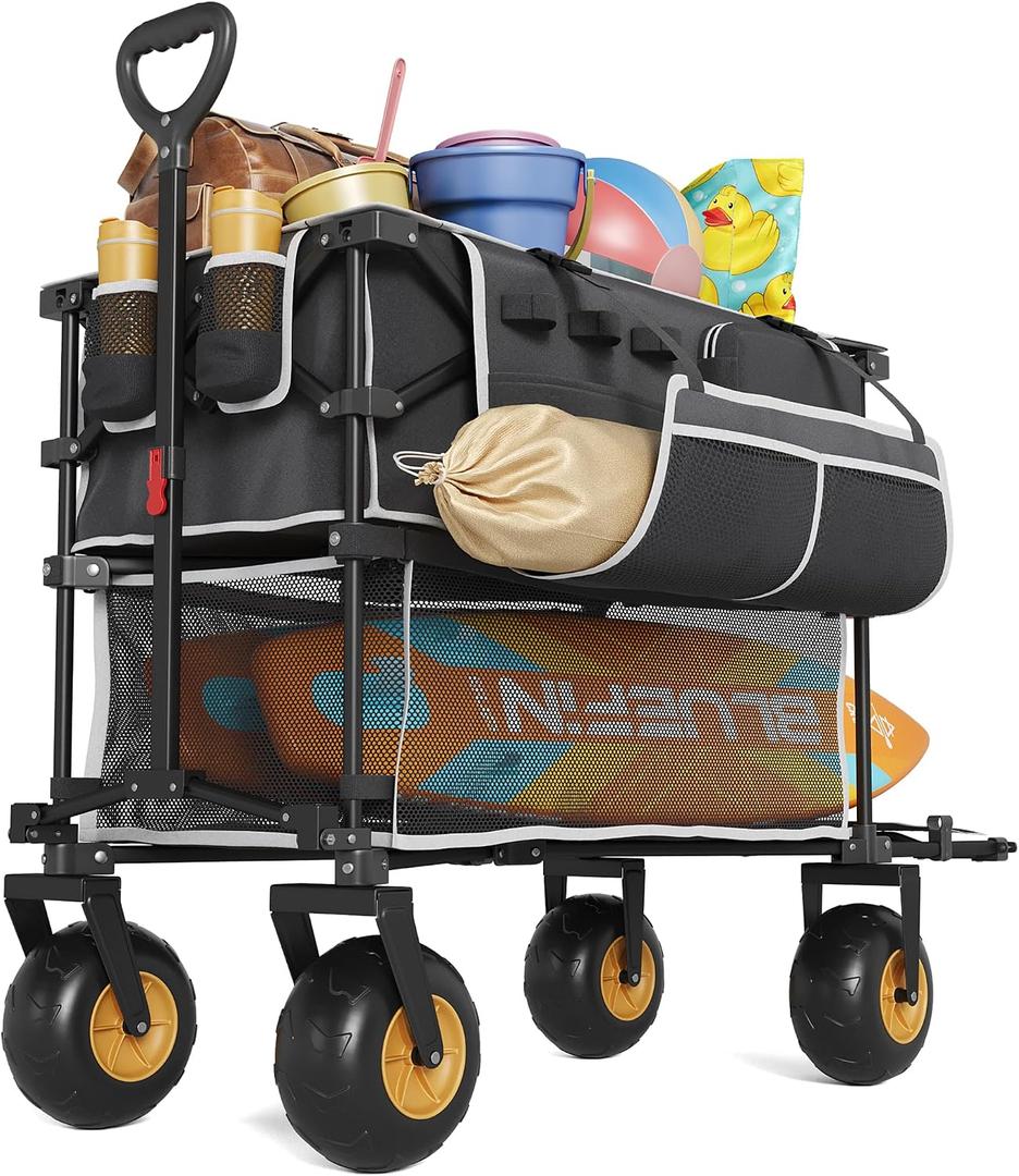 400L Double Decker Beach Wagon-500LBS Heavy Duty Beach Cart with 9" Big Balloon Wheels for Sand,Folding Collapsible Wagon with Side Pocket for Beach, Fishing, Camping,Outdoor(Black)