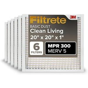 Filtrete 20x20x1 AC Furnace Air Filter, MERV 5, MPR 300, Capture Unwanted Particles, 3-Month Pleated 1-Inch Electrostatic Air Cleaning Filter, 6-Pack (Actual Size 19.69x19.69x0.81 in)