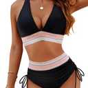 2 Pieces Bikini Suit Woven Strap Splicing Swim Set Deep V Backless Sexy Swimwear Heigh Waist Shorts Split Swimsuit (L)