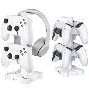 KDD Gaming Headphones Stand, Rotatable Headset Stand with Light Modes - Controller Holder with 2 USB Charging Ports and 3.5mm - Earphone Hanger Accessories for Desktop Gamer(White)