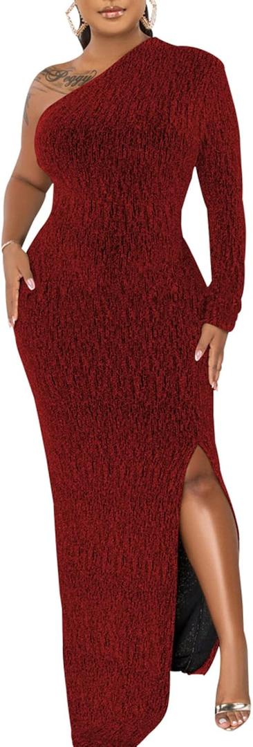 Women's Formal Evening Gowns Elegant Sparkly One Shoulder Maxi Dresses Sexy Long Sleeve High Split Party Long Dress (Medium, Dred)