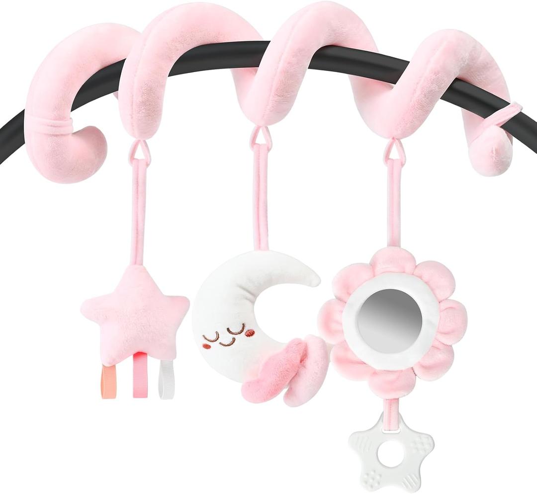 Spiral Car Seat & Stroller Activity Toy, Crib Hanging Rattles Toys for Ages 0-12 Months, Mirror, Textured Ribbons, Squeaky Carseat Stroller Toys, Newborn Baby Girl Gifts