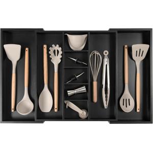 KitchenEdge Adjustable Kitchen Drawer Organizer for Utensils and Junk, Food-Safe Contract Grade with 100% Sustainable Wood, Expandable from 16 to 28 Inches Wide - Black Bamboo