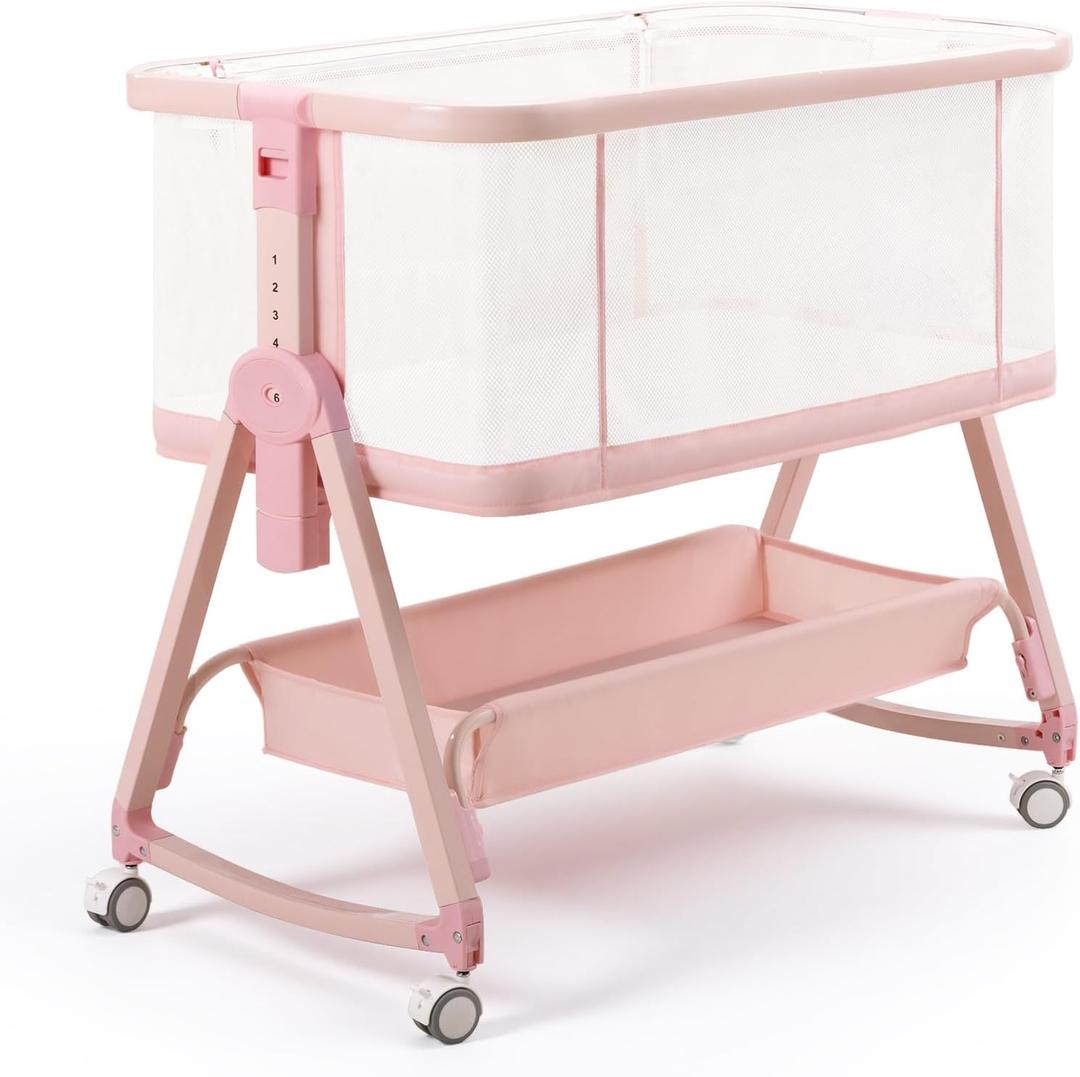Baby Bedside Sleeper Bassinet, Bassinet Storage Basket and Wheels, Pink, Crib