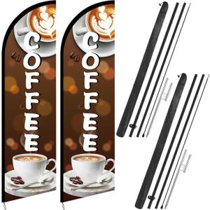 Remagr 2 Pcs 11 ft Coffee Feather Flag Coffee Advertising Swooper Banner with Pole and Ground Stake Windless Shop Sign Tall for Outdoor Business Advertising