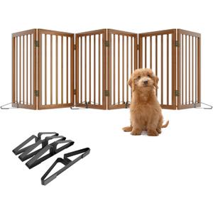 Freestanding Pet Gate Foldable Dog Gate (110 inches Wide) Walnut Bamboo Dog Gates for Stair Doorways House Puppy Fences Indoor (4 Support Feet Included)