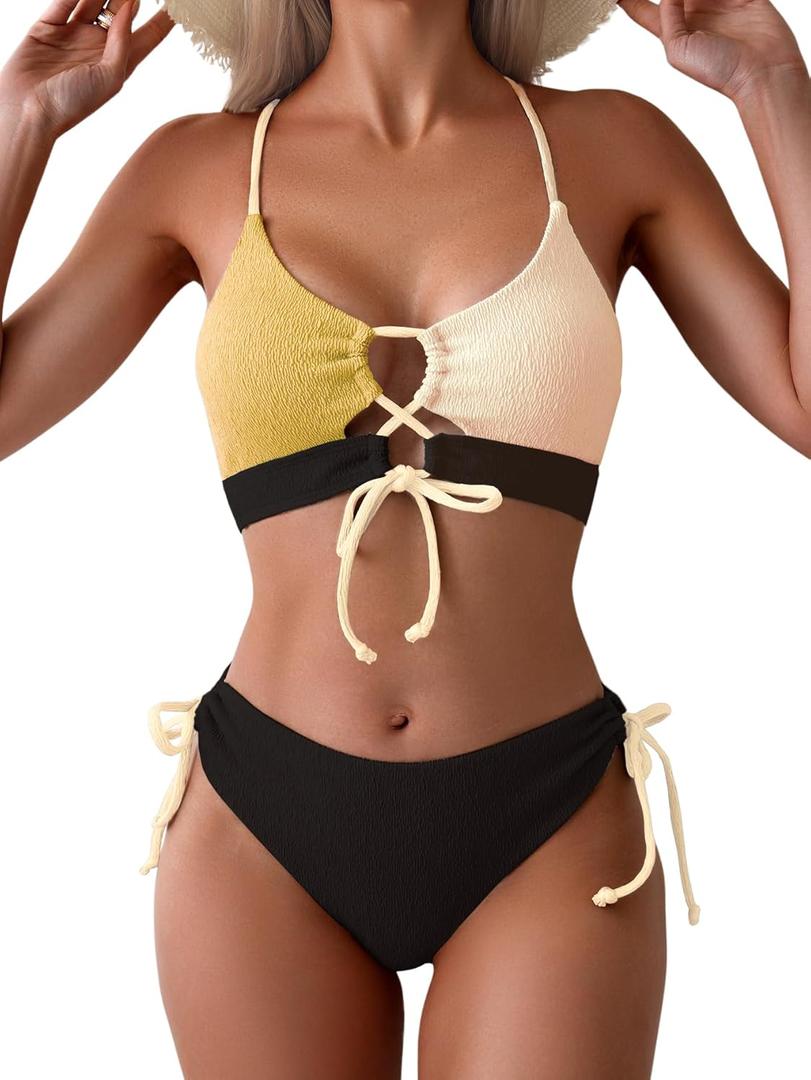 B2prity Women's Sexy Bikini Set Two Piece Swimsuit Color Block Tie Front Bathing Suit Supportive High Waisted Swimwear Small