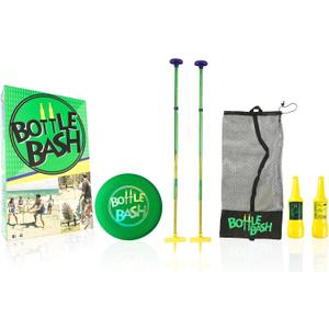 Bottle Bash Outdoor Flying Disc Game Set  Frisbee Toss Backyard and Beach Game for Family, Adult & Kids - Beersbee & Polish Horseshoes (Green - Original)