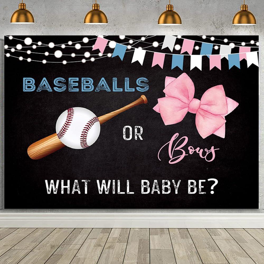 MEHOFOND 7x5ft Baseballs or Bows Gender Reveal Backdrop for Black Boy or Girl What Will Baby Be Decorations Banner Pink Bows Gender Reveal Baby Shower Photography Background Cake Table Supplies