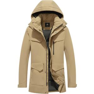 TUAOVA Men's Winter Coats Thicken Parkas Waterproof Windproof Detachable Hood Long Padded Puffer Jacket (Beige, L)