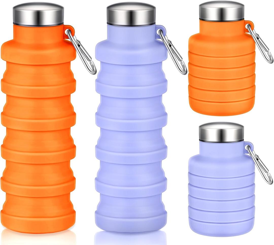 Baderke 2 Pcs Collapsible Water Bottles 17oz Silicone Travel Foldable Portable Water Bottle with Buckle Silicone Lightweight Reusable Leakproof for Camping Hiking Cycling Sport(Purple, Orange)