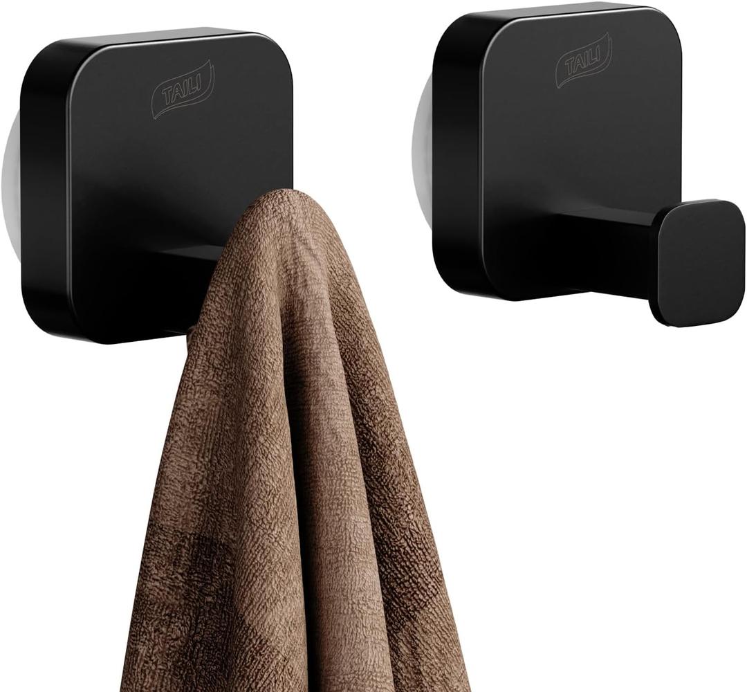 TAILI Stylish 304 Stainless Steel Bathroom Suction Hooks for Towel, Bathrobe, Loofah, No Damage Hanging Glass Shower Wall Hooks, Removable Patented Strong Suction Cup Holders, Hold Up to 11 Lbs, Black (O-cuboid Black)