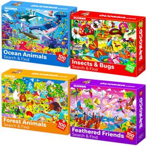QUOKKA 100 Piece Puzzles for Kids Ages 4-6  4 Jigsaw Puzzles for Kids Ages 6-8  Search and Find Game with Ocean Forest Animals for Childrens 5-8  Learning Educational Toys for Boys and Girls 8-10