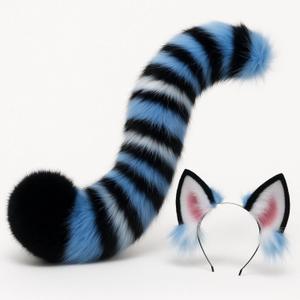 Suncalla Tiger Ears and Tail Set, Black, Blue White Stripes, Costume Accessories for Carnival, Role Play Kpop Themed Costume Accessories for Women Party