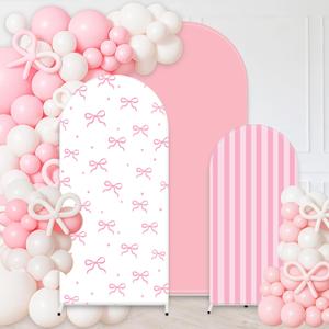 3Pcs Pink Bow Arch Cover Pink White Bowknot Stripe Backdrop Photography Background for Photo Booth Props(4ft/5ft/6ft)