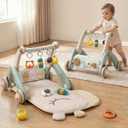 Jovow 2 in 1 Baby Gym with Walker, Baby Play Mat with 4 Infant Learning Sensory, Double-Sided Multifunctional Removable Play Piano Panel, Sit-to-Stand Learning Walker for 0-24 Months Boy Girl [White]