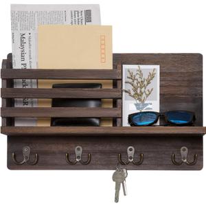 Dahey Wall Mounted Mail Holder Wooden Key Holder Rack Mail Sorter Organizer with 4 Double Key Hooks and A Floating Shelf Farmhouse Rustic Home Decor for Entryway or Mudroom,15.7"W x9.3"Hx3.2"D, Brown