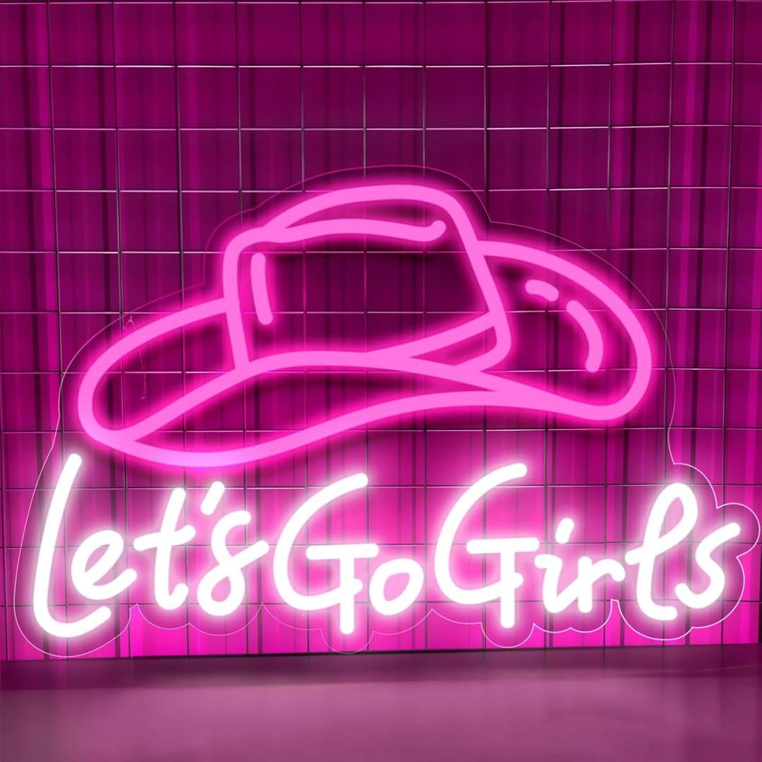 Let's Go Girls Neon Sign, Pink Cowgirl Hat Led Light Up Sign Dimmable USB Powered Country Retro Western Art Wall Letter Sign for Cowboy Bar Bedroom Man Cave Wedding Christmas Birthday Party Decor