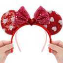 2 x Christmas Red Sequin Mouse Ears Headband with Bow - Sparkly Minnie Costume Hair Accessory, Holiday Party Gift & Stocking Stuffer for Girls Women