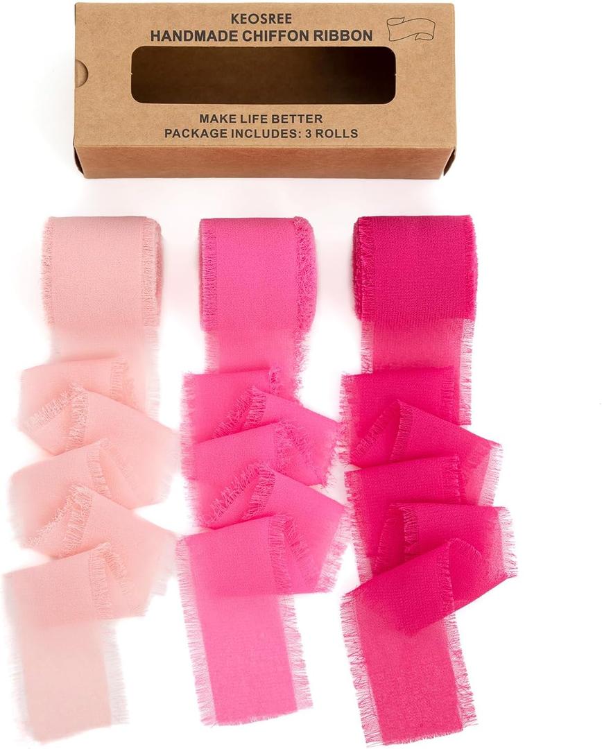 KEOSREE Hot Pink Pastel Pink Handmade Chiffon Ribbon,1.5" x 21Yd Frayed Silk Ribbons for Wreaths Bridal Flower Bouquet Christmas Gift Wrapping Wedding Decor Invitations Decorations (7Yards X 3 Rolls)