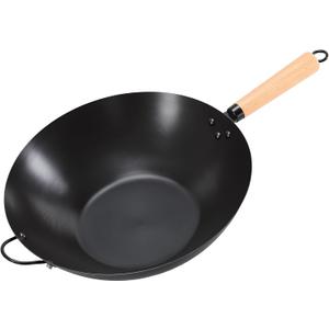 DUMOS 13.5" Pre-Seasoned Carbon Steel Wok Pan for Stir Fry, Black