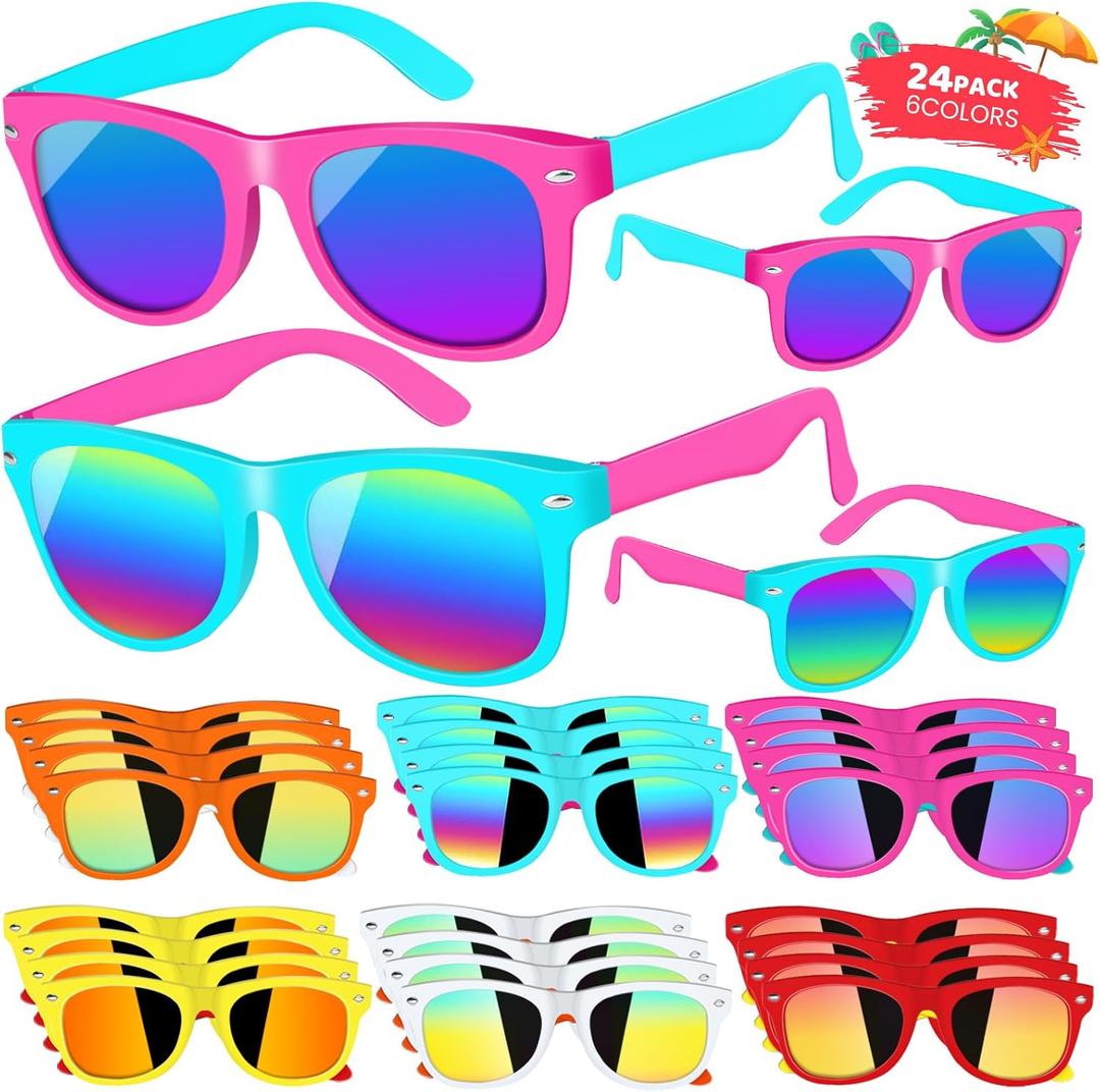 24 Pack Kids Sunglasses With UV400 Protection - Party Favor for Boys Girls Age 3-8 - Neon Goody Bag Favors for Beach, Pool, Birthday, Graduation Party Supplies - Great Gift, Medium