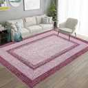 9x12 Large Washable Non Slip Boho Accent Rug - Braided Print Carpet Indoor Throw Floor Cover - Farmhouse Rustic Area Bohemian Border for Living Room, Bedroom, Home Decor, Pink (9' x 12' (Rectangular))
