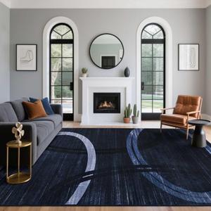 Lascpt Modern Wavy Oval Design 9x12 Area Rug, Abstract Geometric Dark Blue Rug for Living Room, Faux Wool Throw Rug Indoor Floor Carpet, Non-Slip Washable Rugs for Women Men Bedroom Home Decor