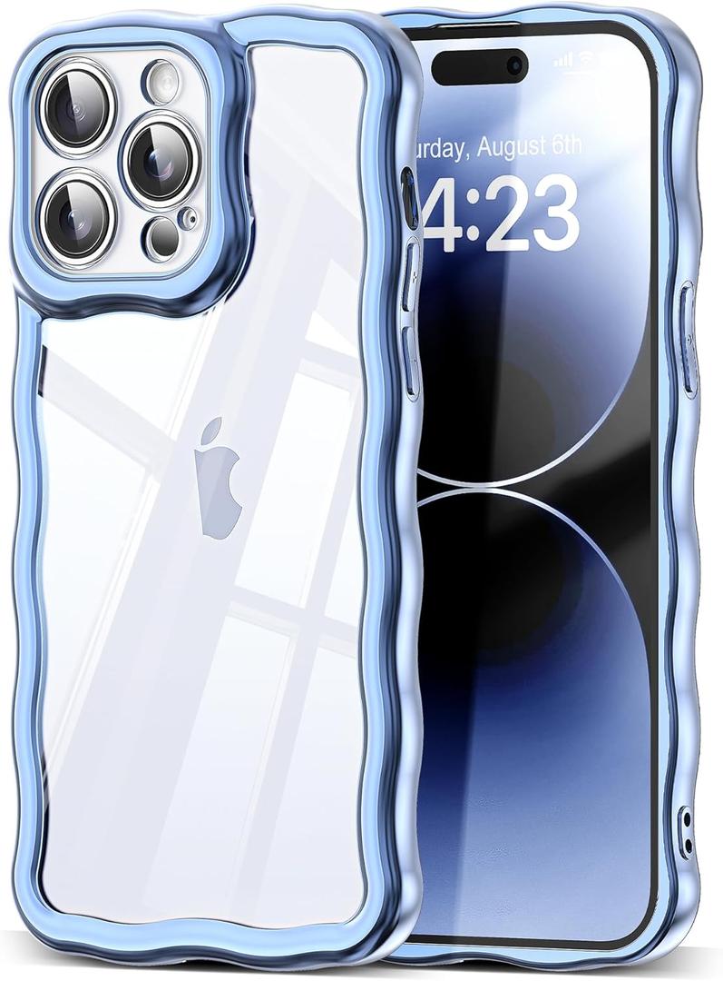 SKYLMW Compatible with iPhone 14 Pro Case, Kawaii Cute Curly Wave Frame Luxury Plating Edge, Stylish Glossy Clear Back, Soft TPU Shockproof Protective Cases for iPhone 14 Pro