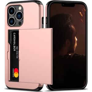 Nvollnoe for iPhone 13 Pro Case with Card Holder Heavy Duty Protective Dual Layer Shockproof Hidden Card Slot Slim Wallet Case for iPhone 13 Pro for Men&Women(Rose Gold)