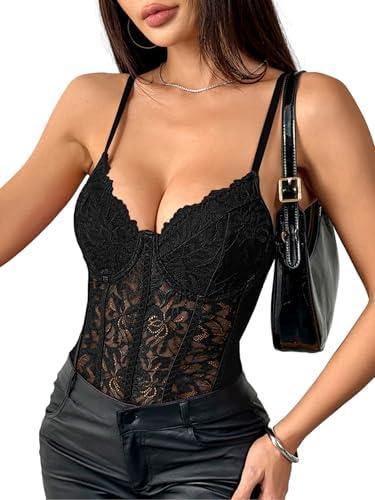 Lilosy Sexy Mesh Sheer Floral Lace Corset Lingerie Bodysuit Bustier Cami Top, XL