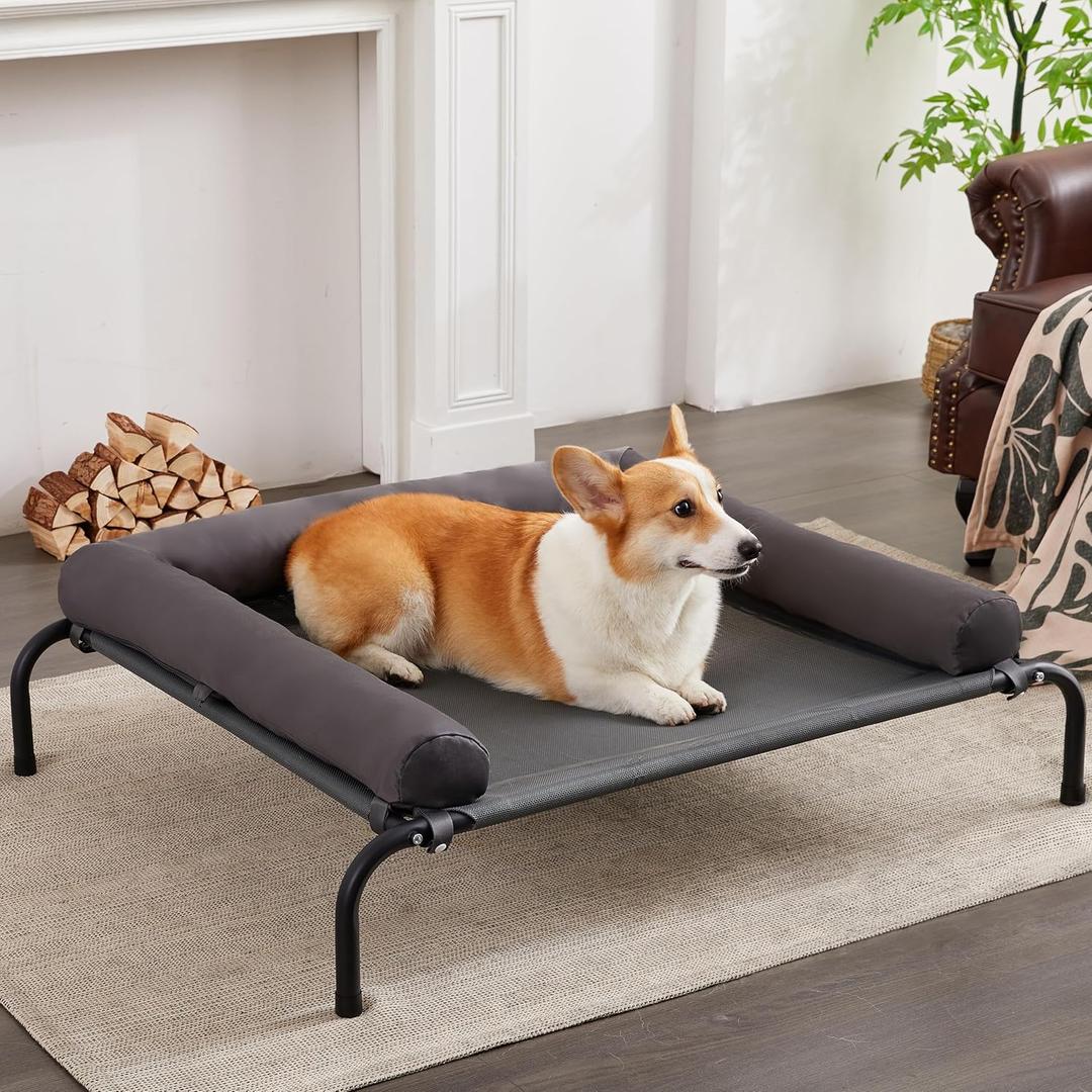 TJSOULER Cooling Elevated Dog Bed with Pillows,Portable Washable Raised Dog Cot Bed with Chew Proof Mesh and Metal Frame,No-Slip Rubber Feet for Indoor & Outdoor Use,Medium,Deep Grey (M(35x26x8)Inches)