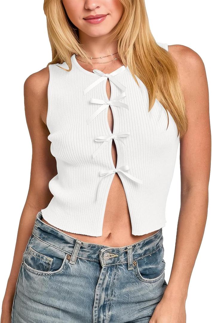 Women's Crop Bow Tie Front Vest Tops Cute Crew Neck Ribbed Fitted Going Out Tank Tops (Small)