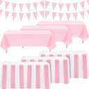 8 Pcs Pink Circus Theme Party Decors Disposable Table Skirts Pastel Circus Theme Tablecloths Pink White Striped Pennant Banners Carousel Party Decoration for Birthday Wedding Decor