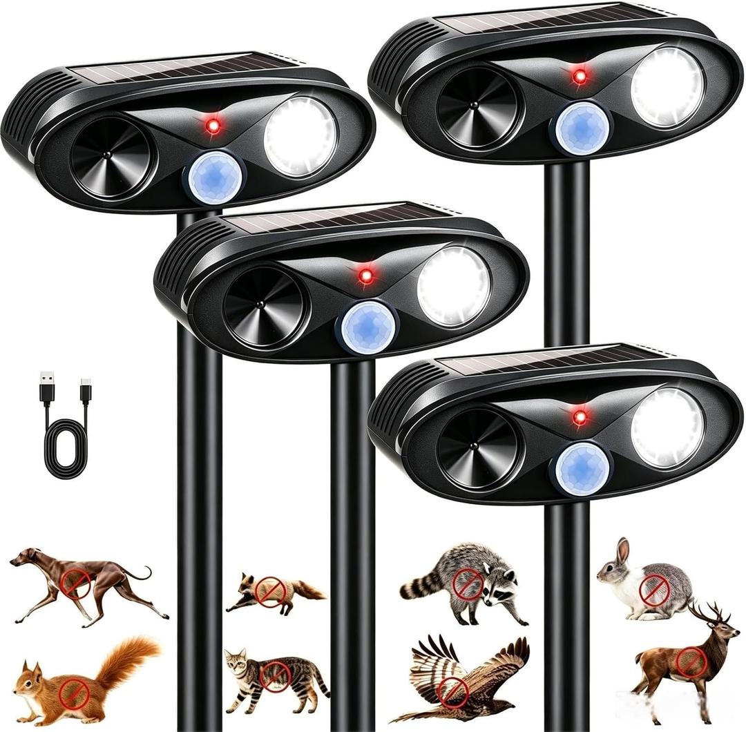 4 Pack Upgraded Solar Animal Repellent Ultrasonic Outdoor for Cats, Raccoons,Squirrels,Rabbits &Foxes,Sonic Deer Repellent Devices Waterproof with Motion Sensor& Flashing Animal Deterrent for Garden