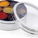 Mother's Day Gift Stainless Steel Spice Container 7 Containers and Small Spoon Orange See Through Masala Box Indian Masala Dabba with size 8 X 8 inches