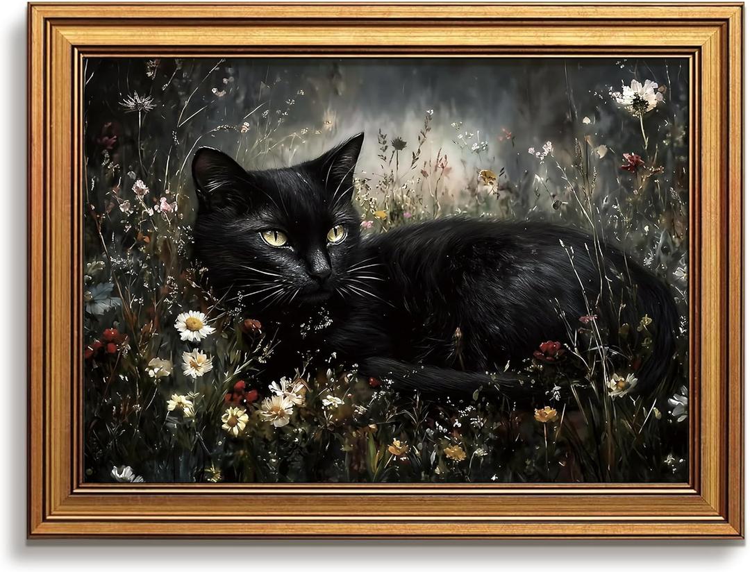 Vintage Gold Framed Black Cat Wall Art Dark Cottagecore Painting 12x16 Inch