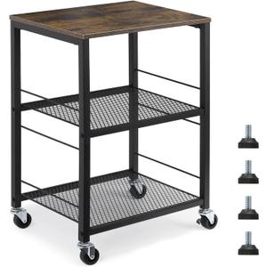 MOOACE Rustic 3 Tier End Table with Wheel,Side Table Nightstand Storage Shelf for Bedroom,Kitchen,Living Room and Office, Stable Metal Frame,Wood Top, Easy Assembly - Brown&Black